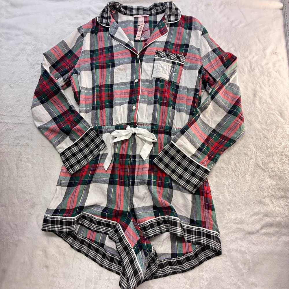 Victoria's Secret Plaid Flannel Rhinestone Pocket Romper Women's M NWTs Metallic